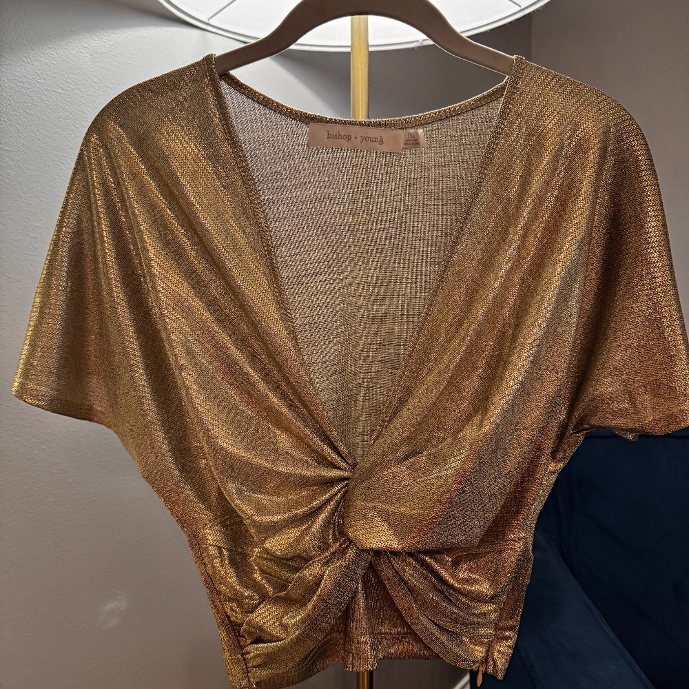 Anthropologie Bishop and Young short sleeve twist front shimmer top